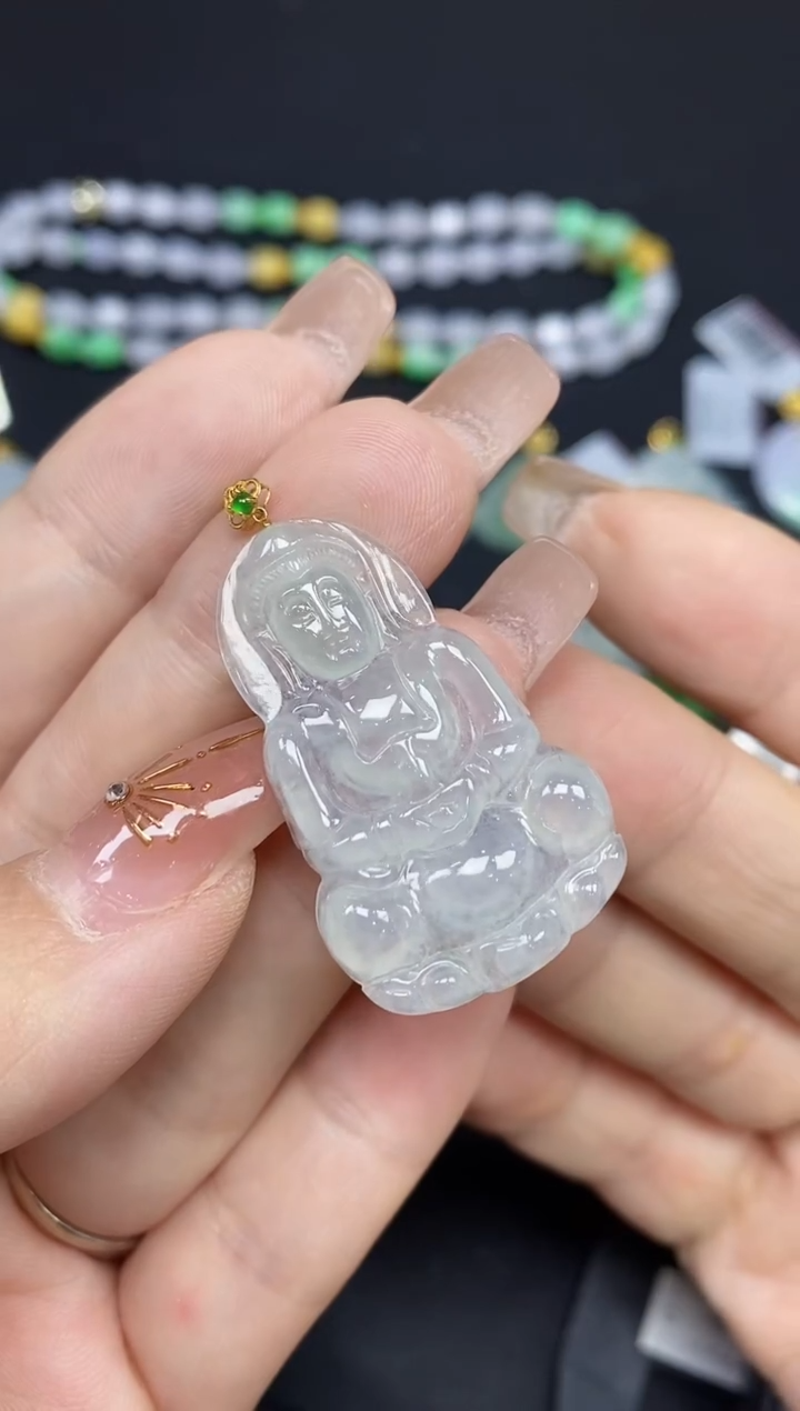 吊坠(不含链)18K金镶嵌翡翠观音18K金扣镶嵌@@CMT