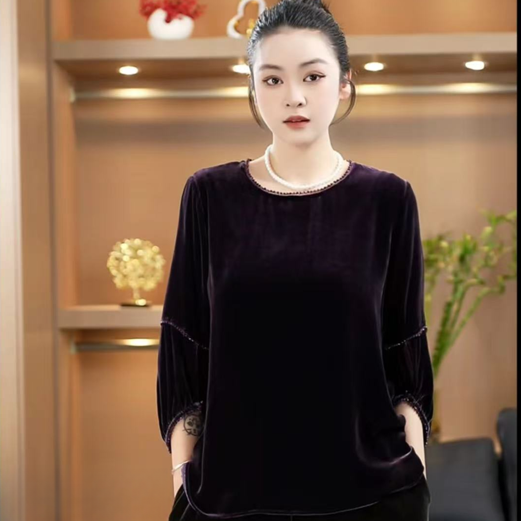 【733】新款时尚洋气圆领长袖丝绒外穿小衫女百搭减龄显瘦网红爆款