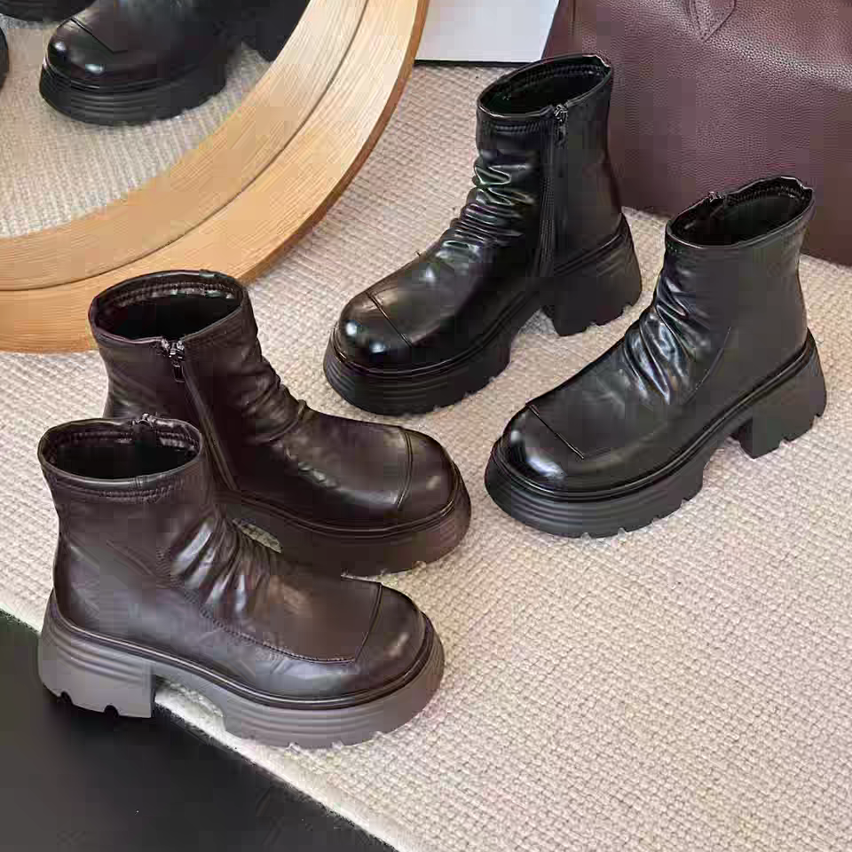 09-379S新款加绒褶皱超软面纯色系百搭舒适瘦瘦靴圆头短靴子女鞋