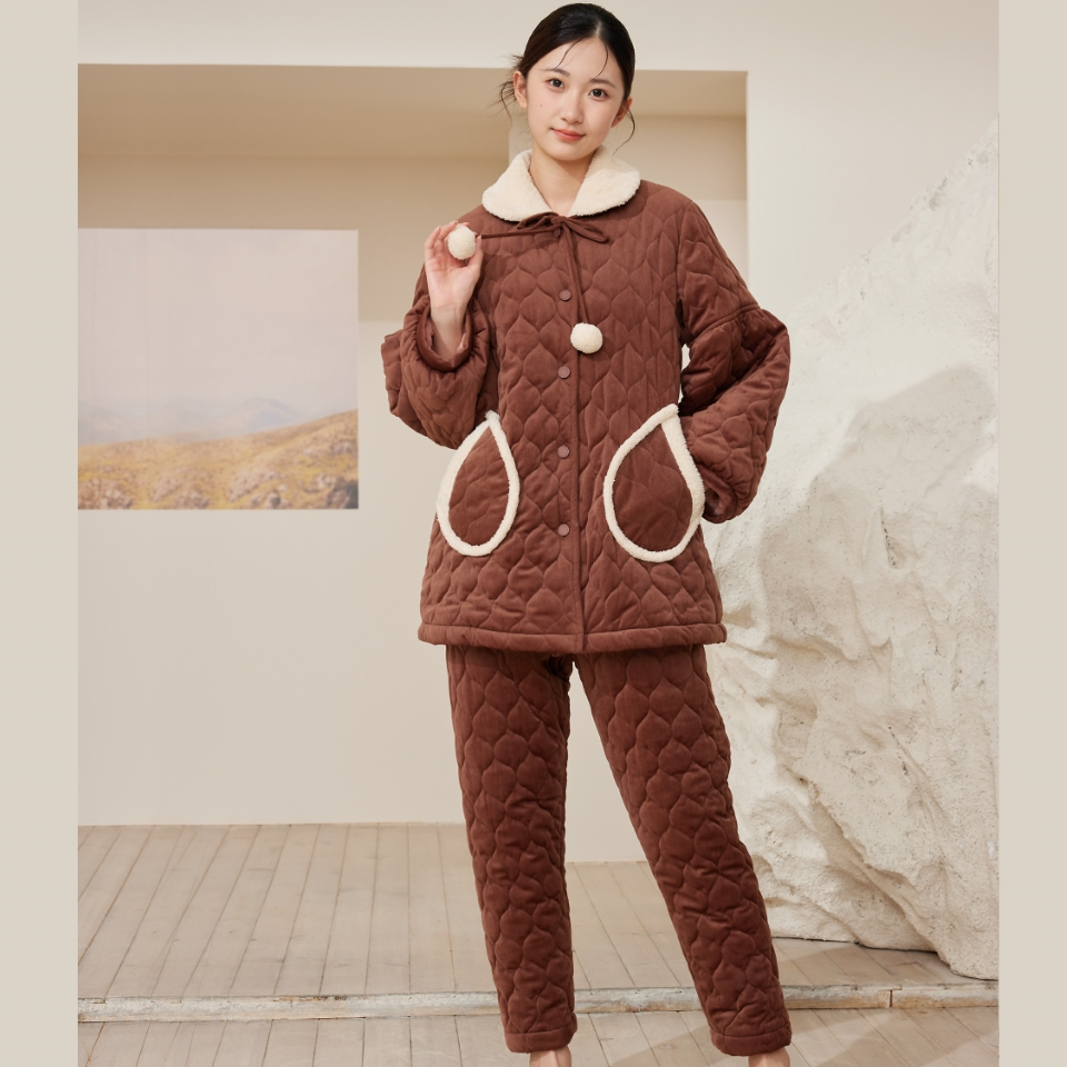 flossy弗劳思女士冬季三层加绒加厚中长款保暖家居服套装CD262