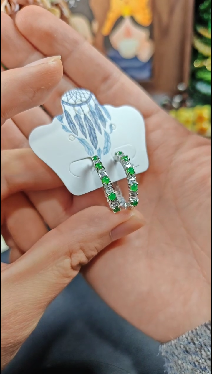 银S925镶嵌翡翠耳饰翡翠耳饰S925银镶嵌