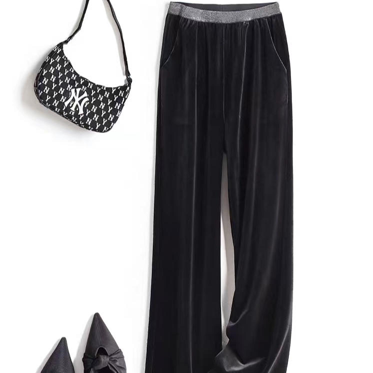 2025春秋丝绒百搭显瘦时尚高腰国风松紧黑色女直筒裤子