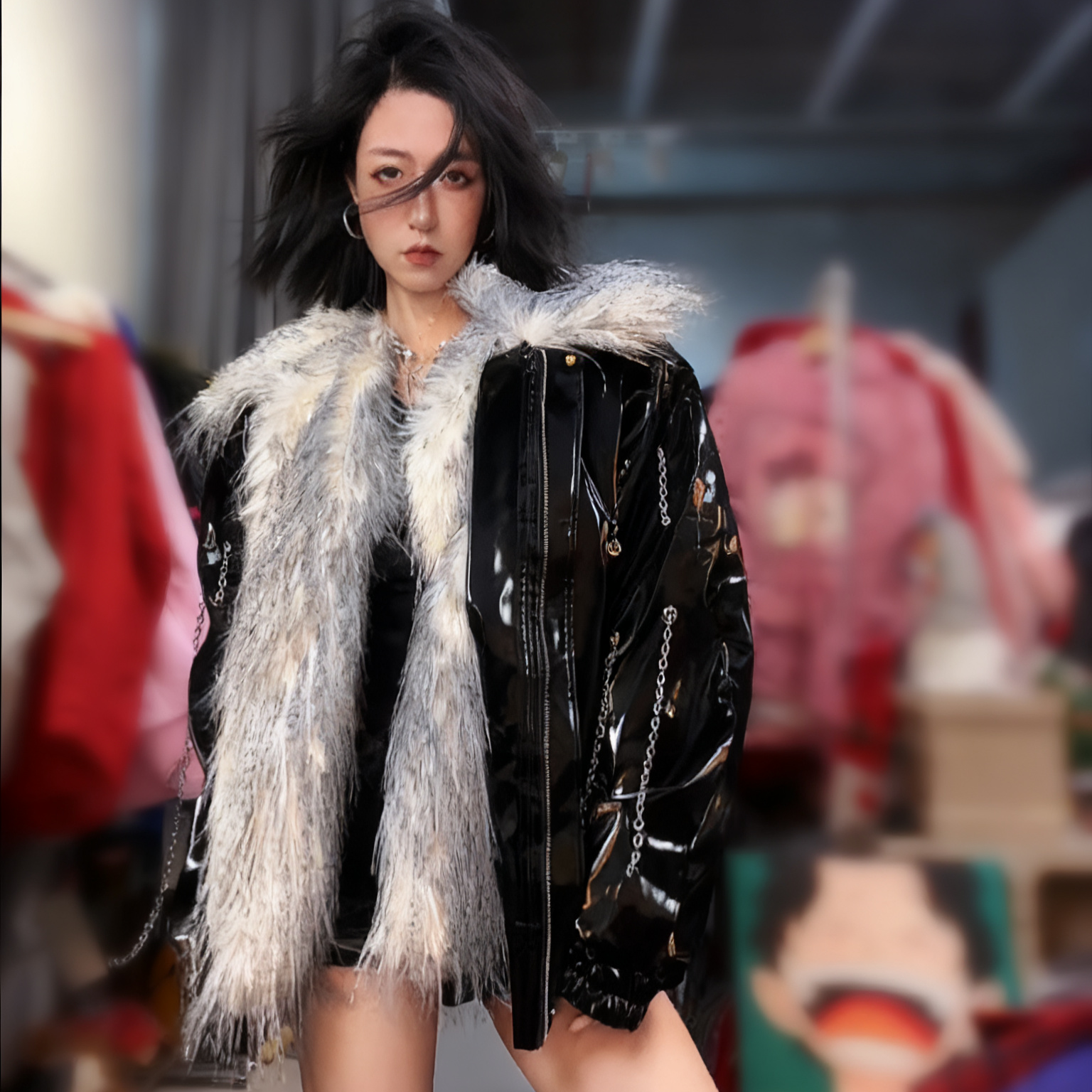 奇奇家 可拆卸毛领 亮皮欧美风链条时尚厚外套皮衣外套