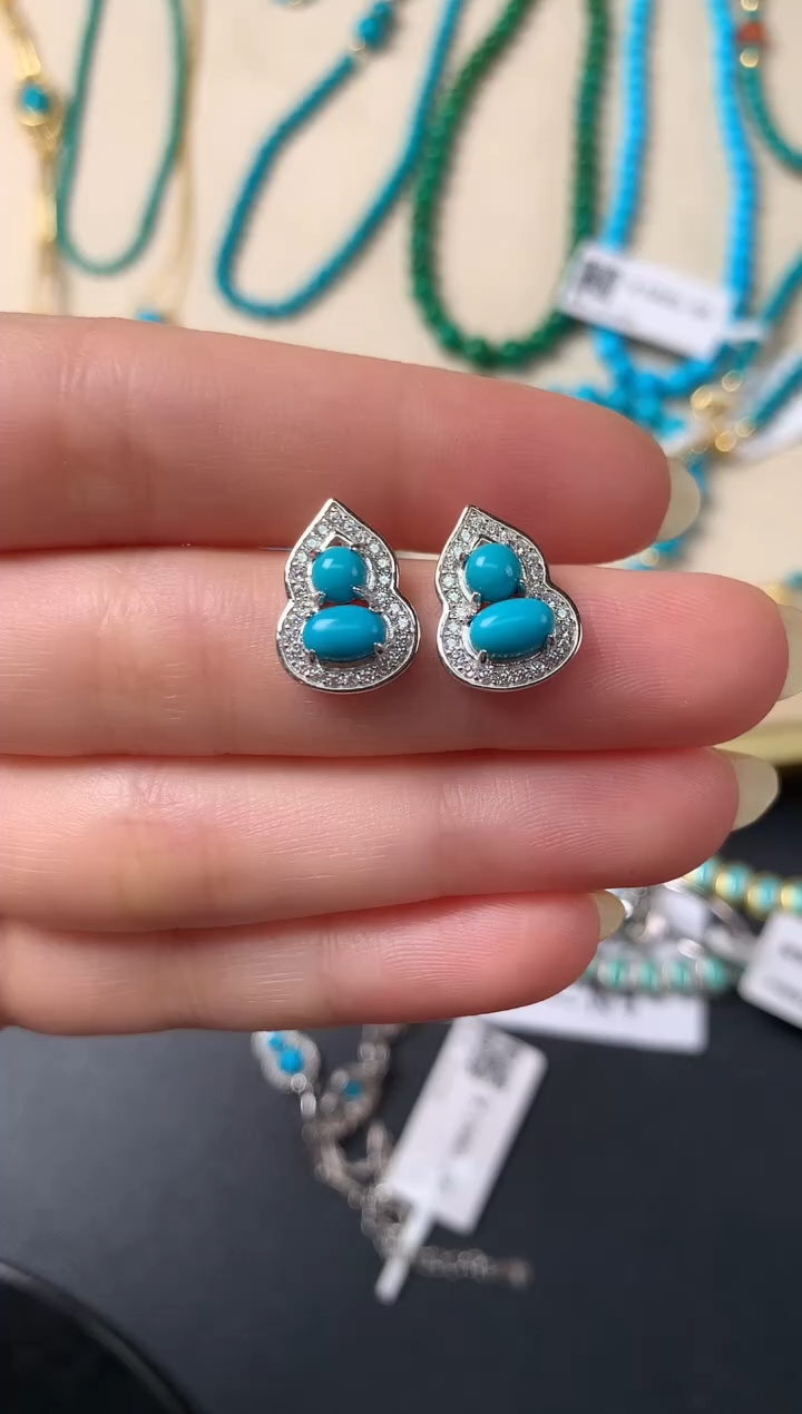 银S925镶嵌绿松石耳饰D430|380