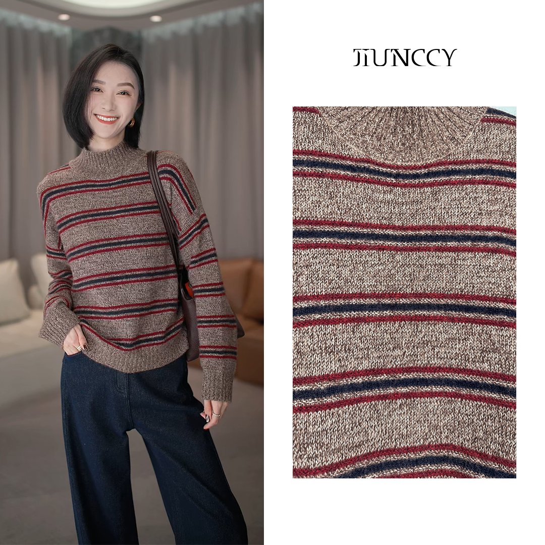 JIUNCCY【老友记】秋冬山羊绒羊毛天丝混纺藏青间红条纹毛衣42ZZ226