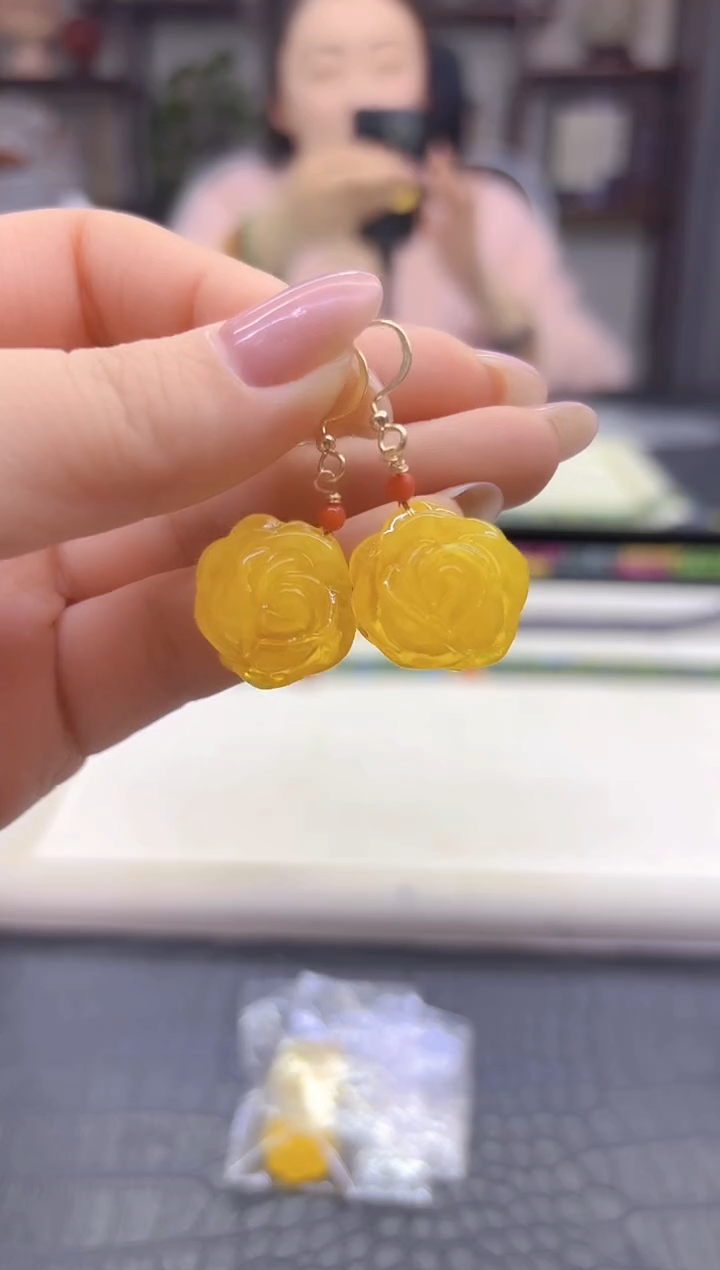 蜜蜡14K金镶嵌耳饰DIY款E480