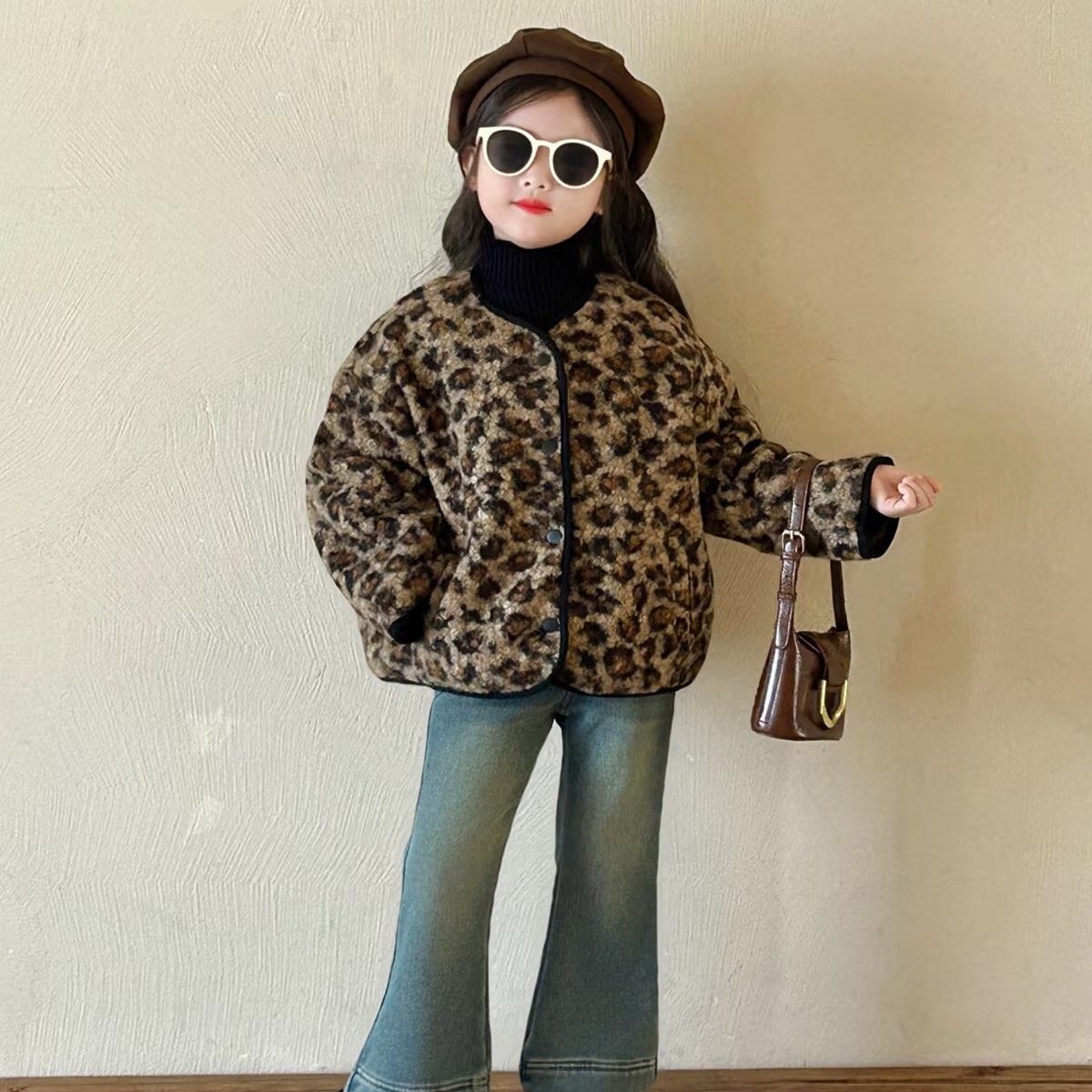 苒宝童装75-119短款厚款豹纹B类外套童装冬装冬季加厚加绒毛绒