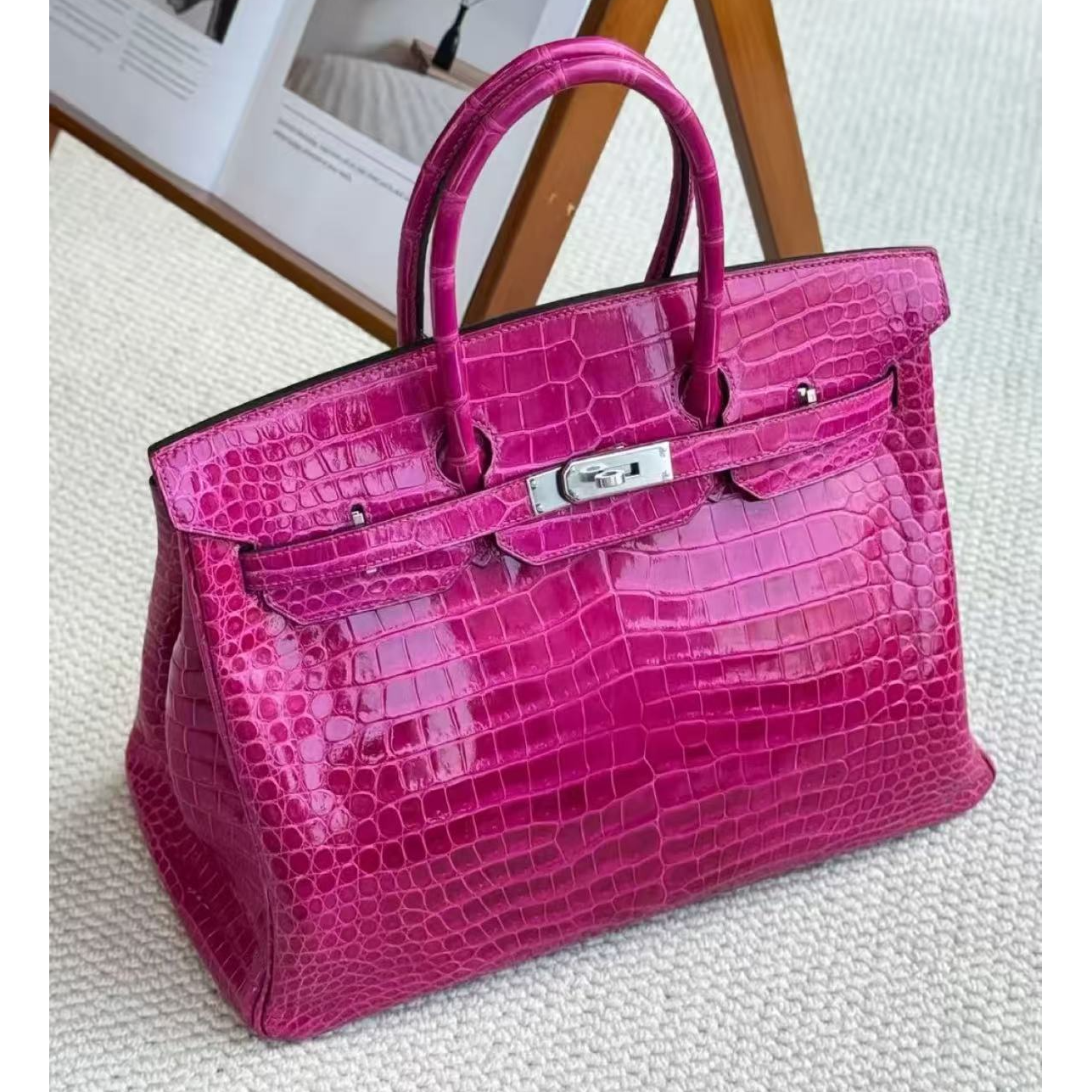 99新 Hermes/爱马仕 birkin35天方夜谭紫亮面倒V 框O刻