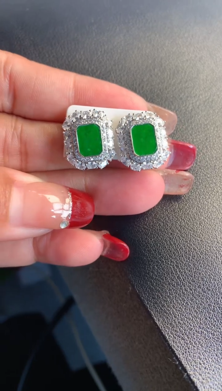 【闪购商品】翡翠耳饰银S925镶嵌缅甸天然A货翡翠