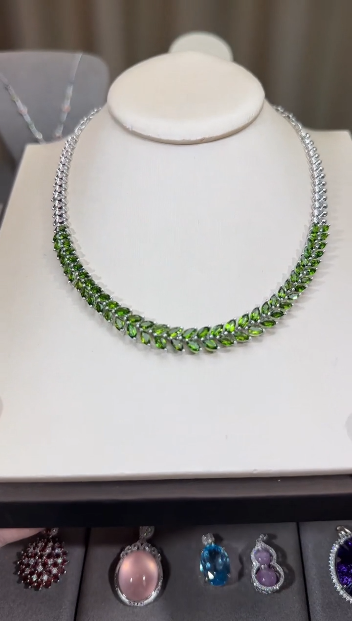 银S925镶嵌透辉石套链3*6mm麦穗套链高级款