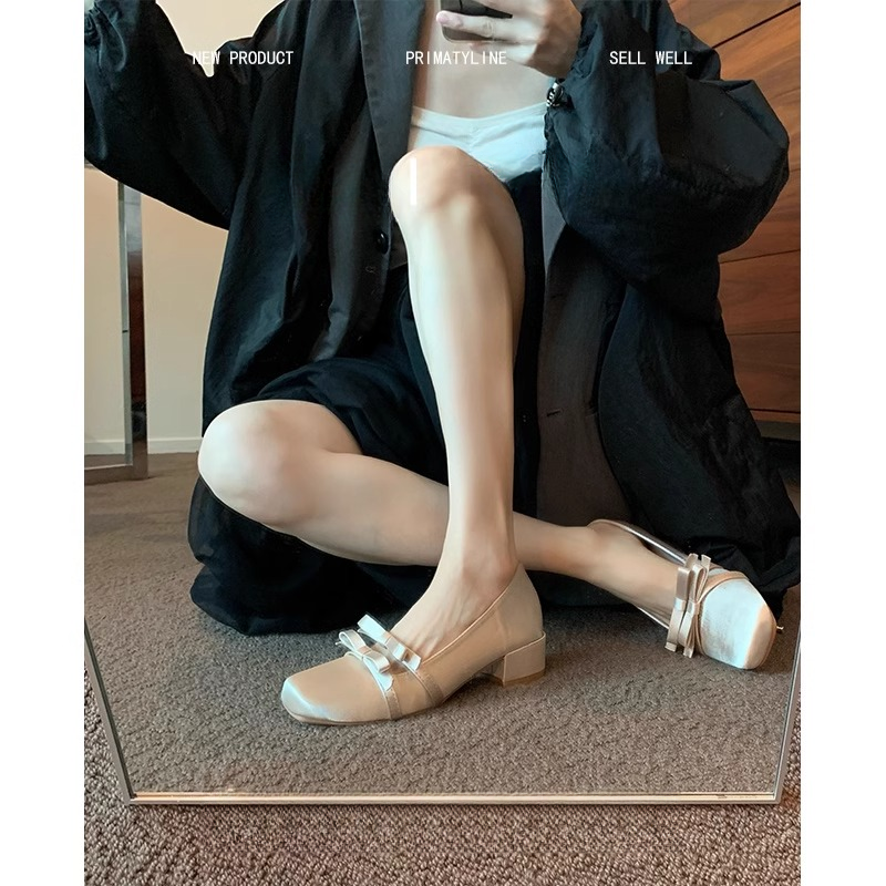 方头蝴蝶结绸缎单鞋女一脚蹬仙女风配裙子粗跟玛丽珍鞋法式百搭
