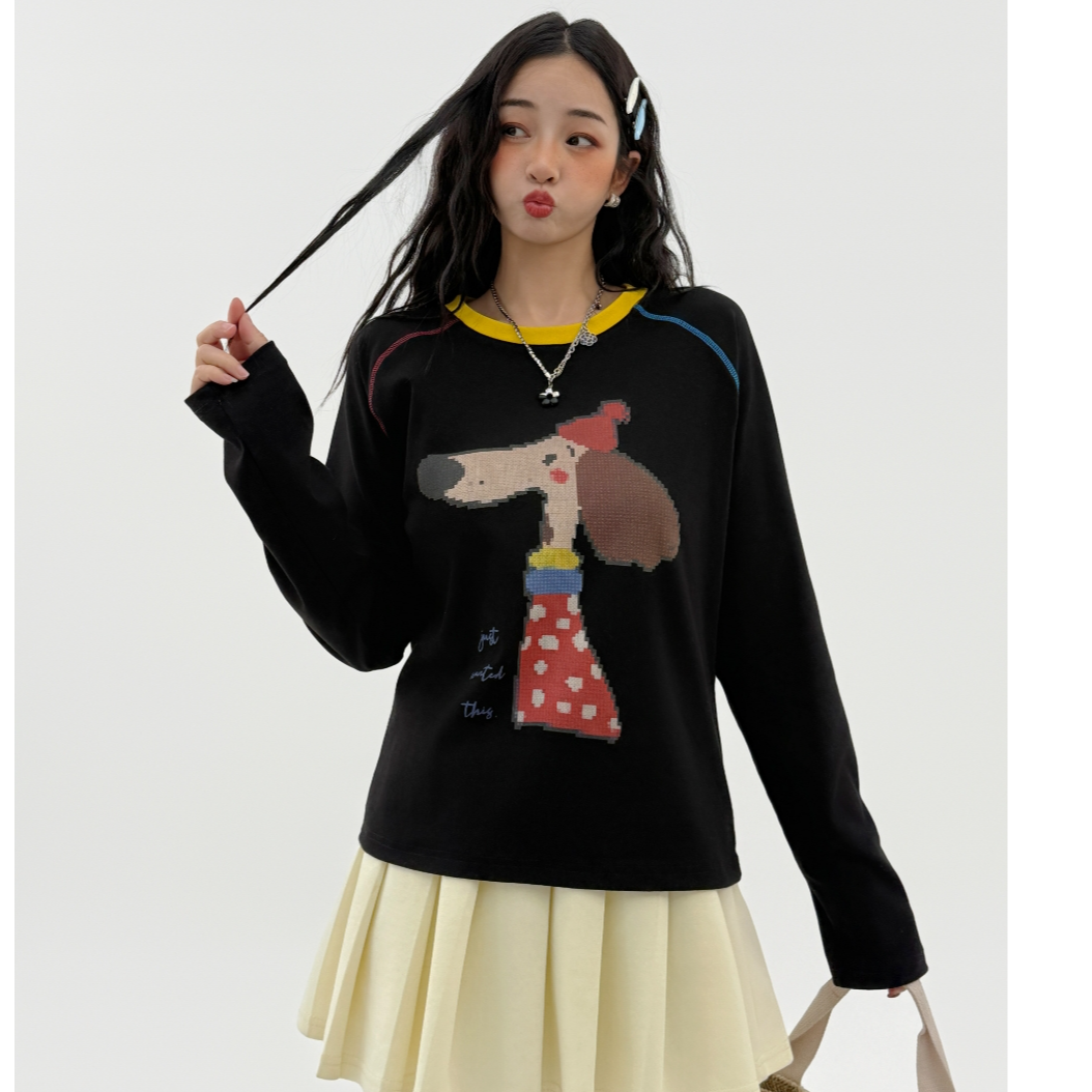 【小怪兽女装】长袖宽松型印花撞色T恤印花宽松极简风新款休闲风