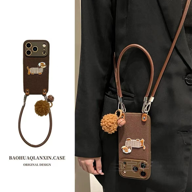 ins月坑纹刺绣棕条纹腊肠狗适用iPhone17pro手机壳16promax手提15