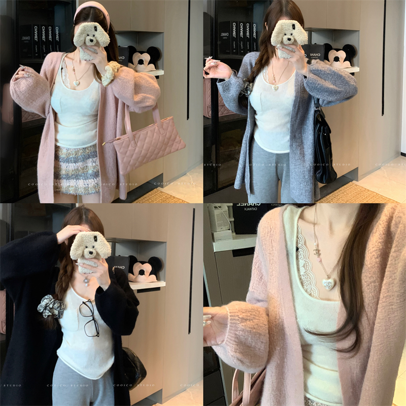 大码女装秋季胖mm新款树皮纹泡泡袖慵懒风针织衫时尚百搭开衫外套