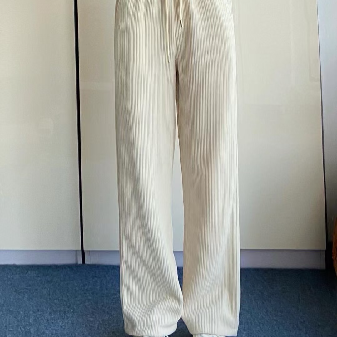 【451-460】条纹直筒裤休闲裤纯色百搭高腰拖地垂感白色阔腿裤时尚