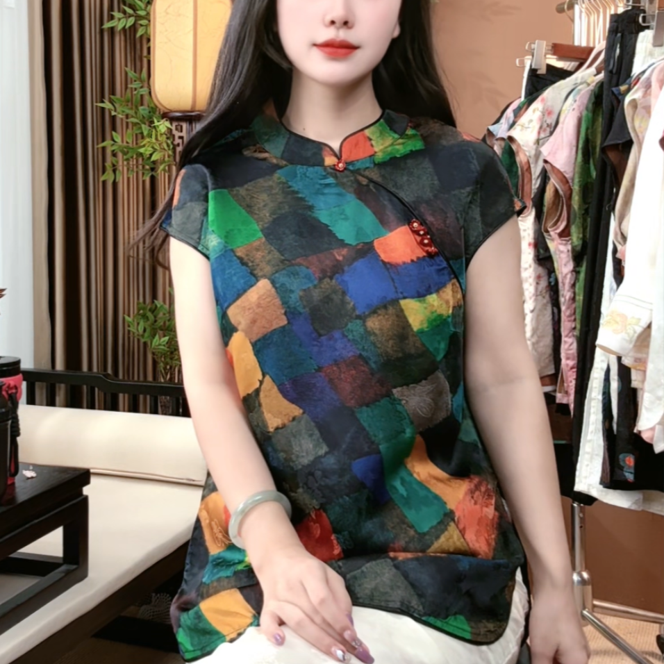 2025新中式夏季桑蚕丝旗袍短袖时尚修身百搭中国风上衣女S218