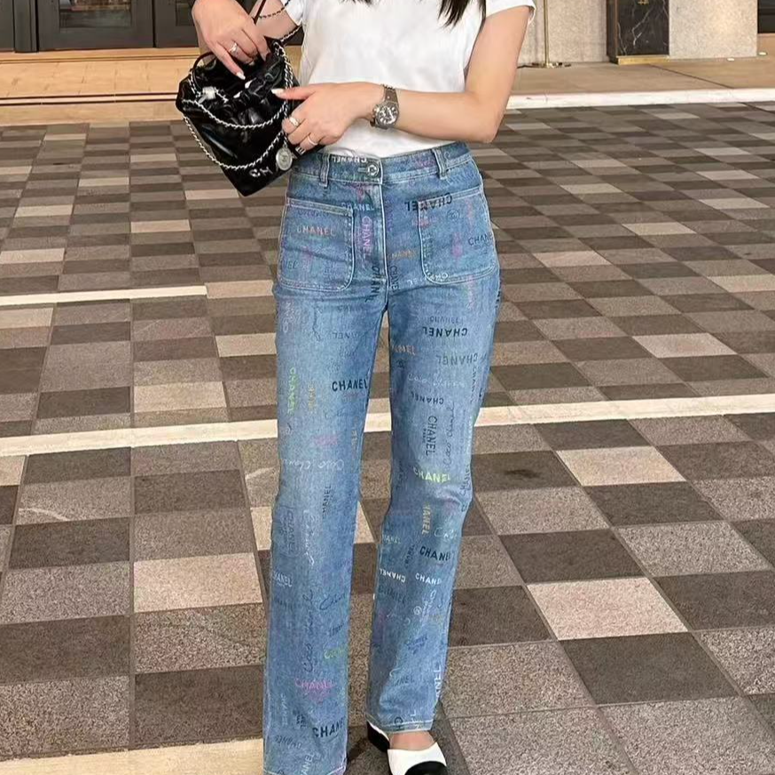 99新 Chanel/香奈儿 蓝色满logo牛仔裤 38码 M633