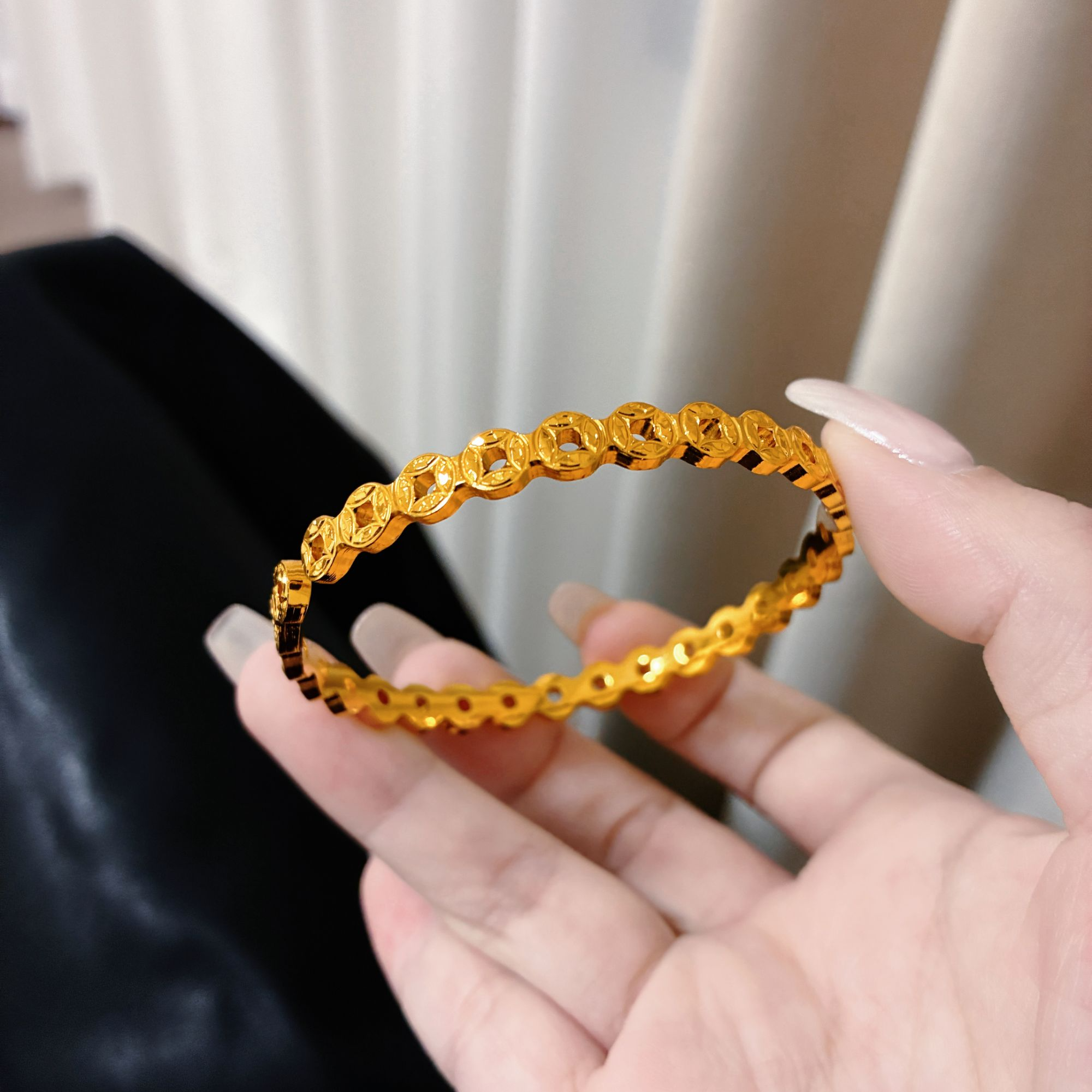 铜合金手镯 新中式复古爆闪碎冰冰铜钱手镯币暴富开口镯子送女友