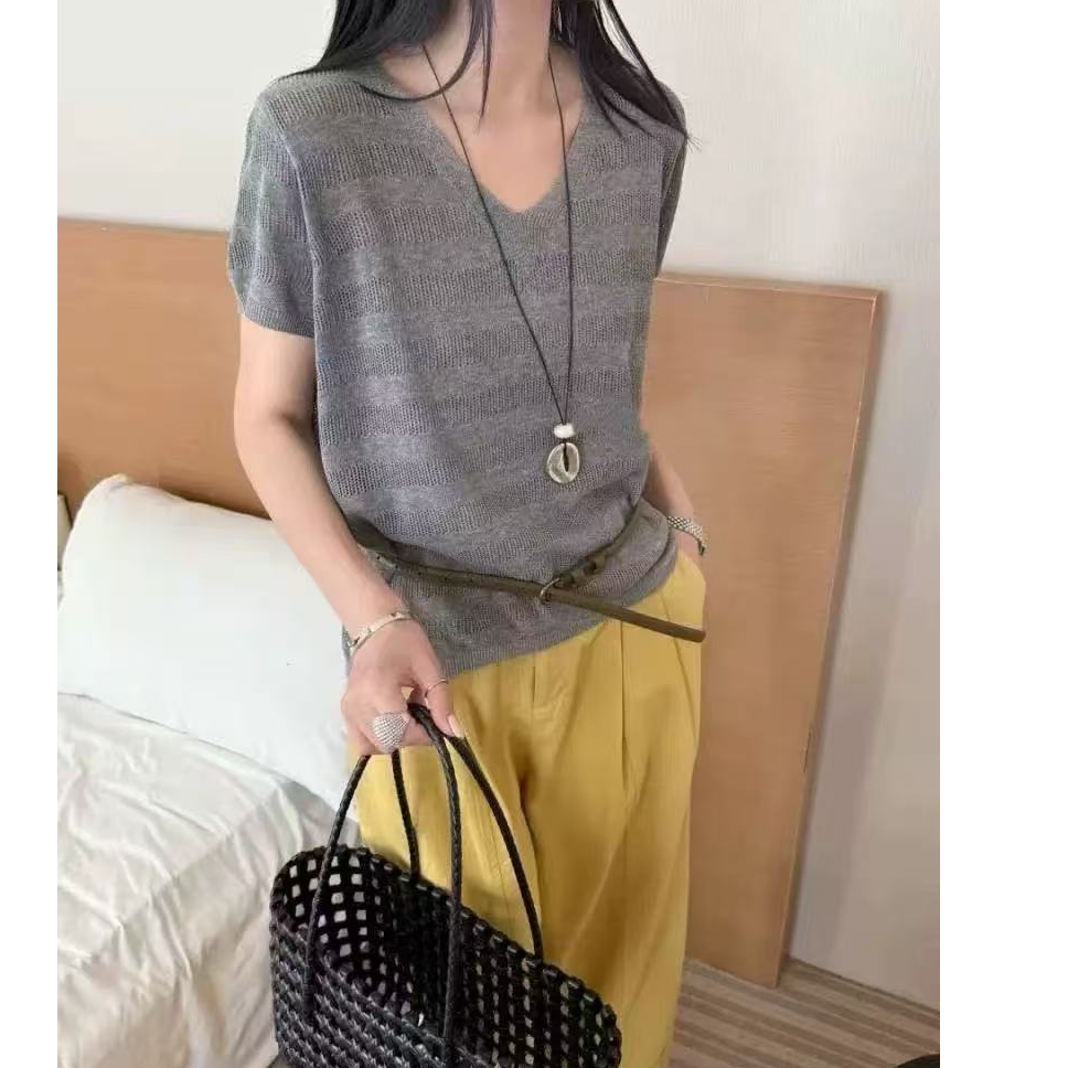 有运费补贴~V领时尚休闲复古镂空条纹天爽亚麻上衣