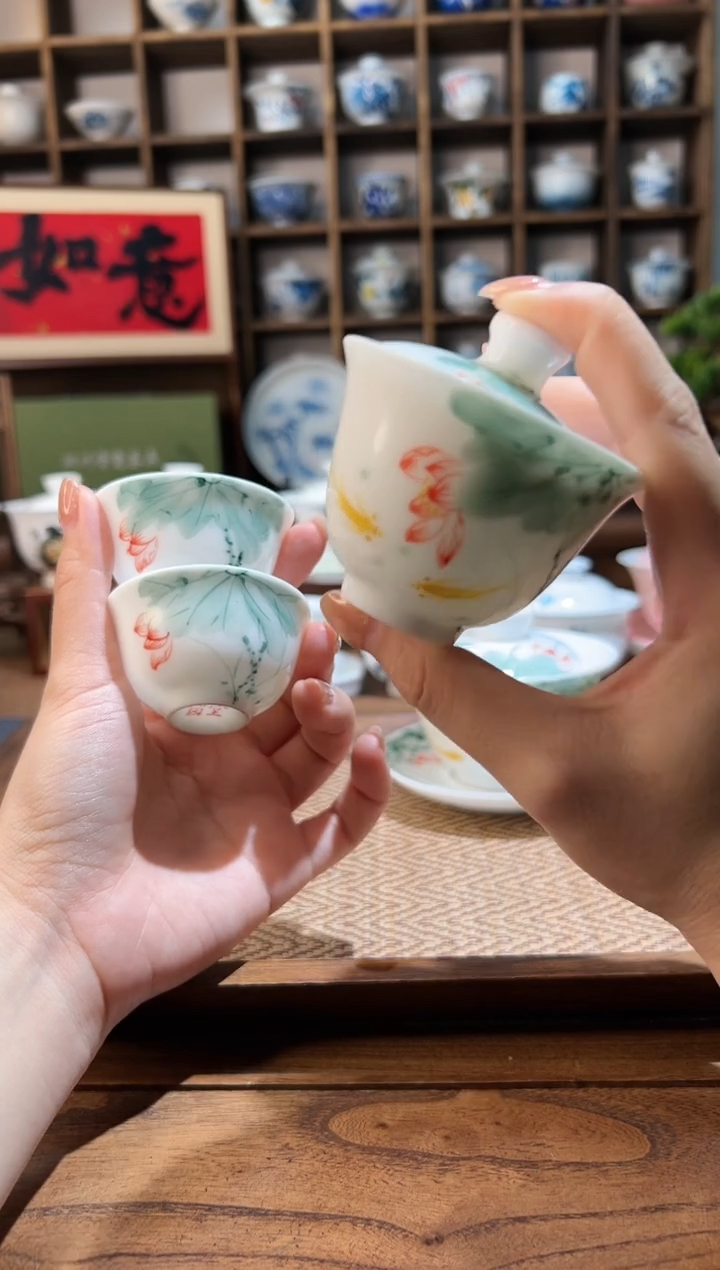 【闪购商品】五彩荷花迷你盖碗+2个客杯