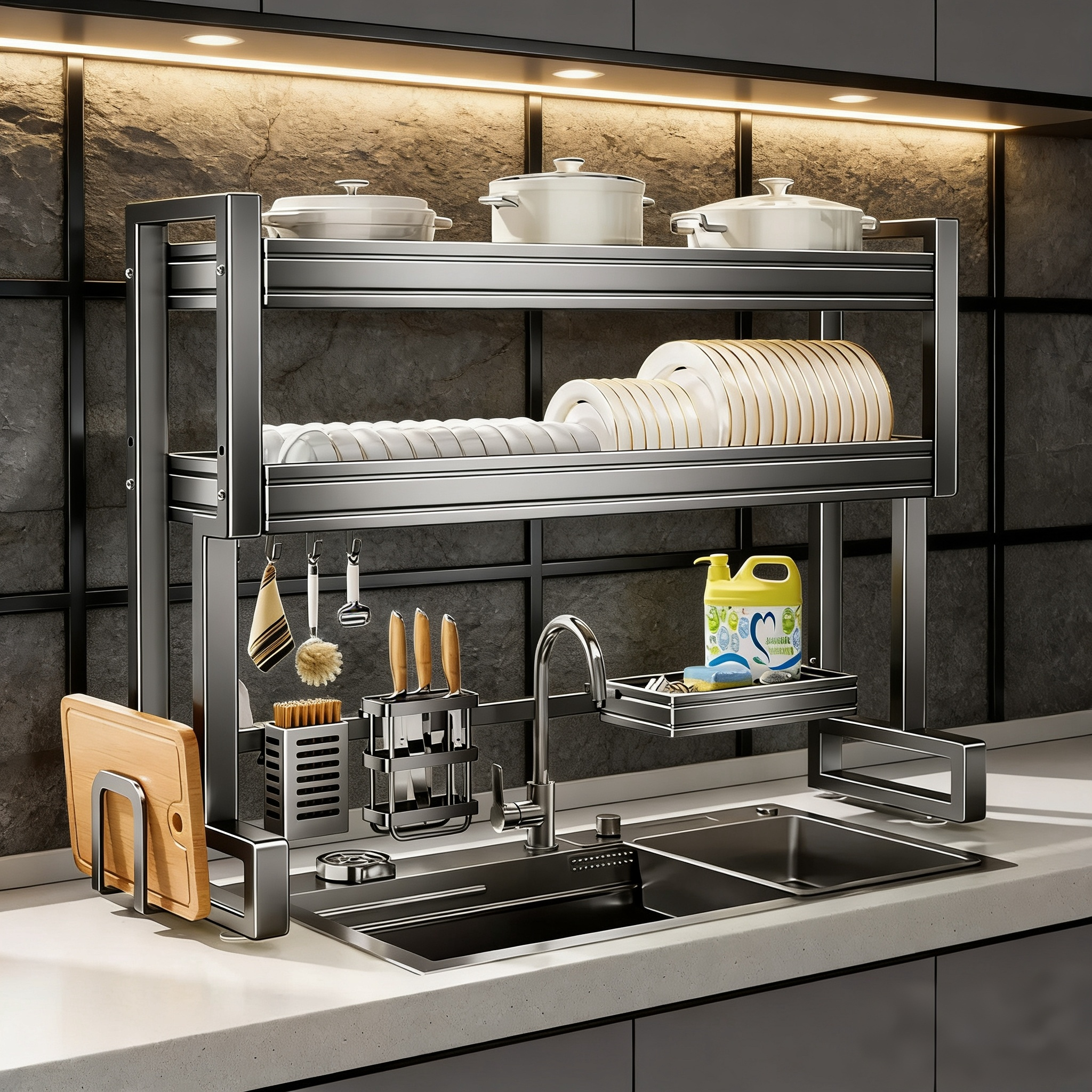 厨房水槽置物架放碗盘碟收纳架水池上方多功能沥水碗架砧板刀架