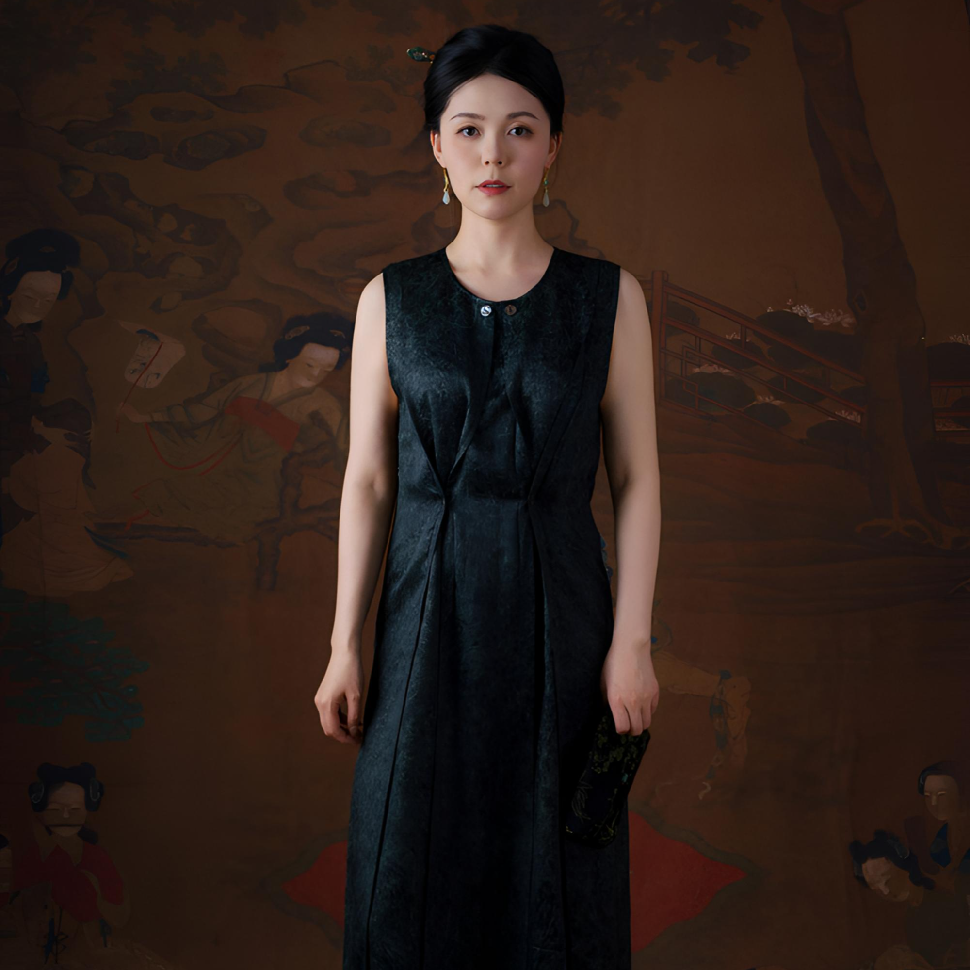 了了李唐屿川｜圆领系扣不规则褶皱气质长款显瘦连衣裙裙子墨绿色