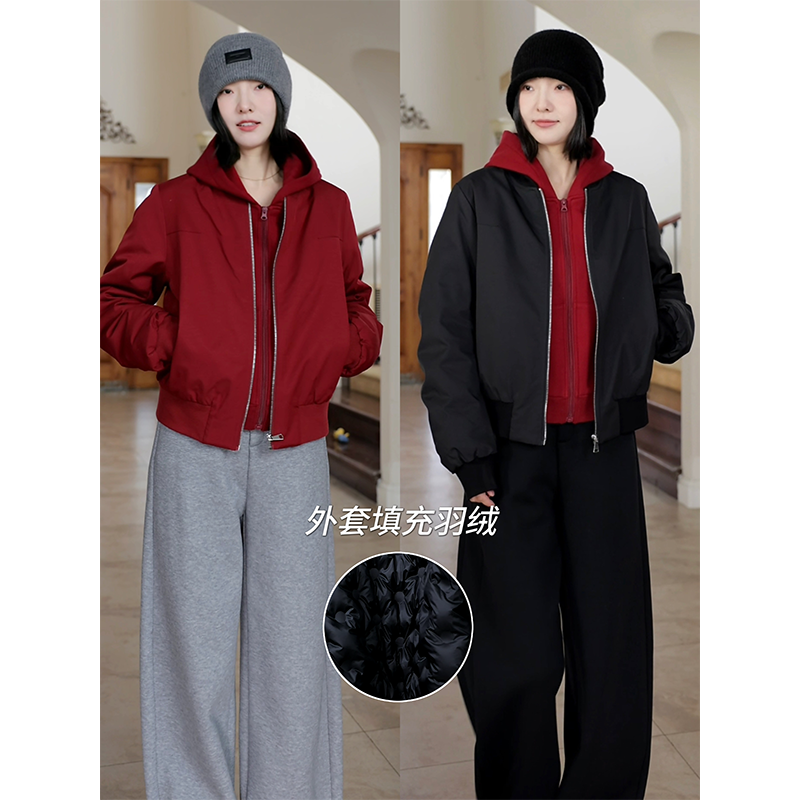 郭九九呢 羽绒服90白鸭绒显瘦棒球夹克外套连帽棉卫衣G924A18658 