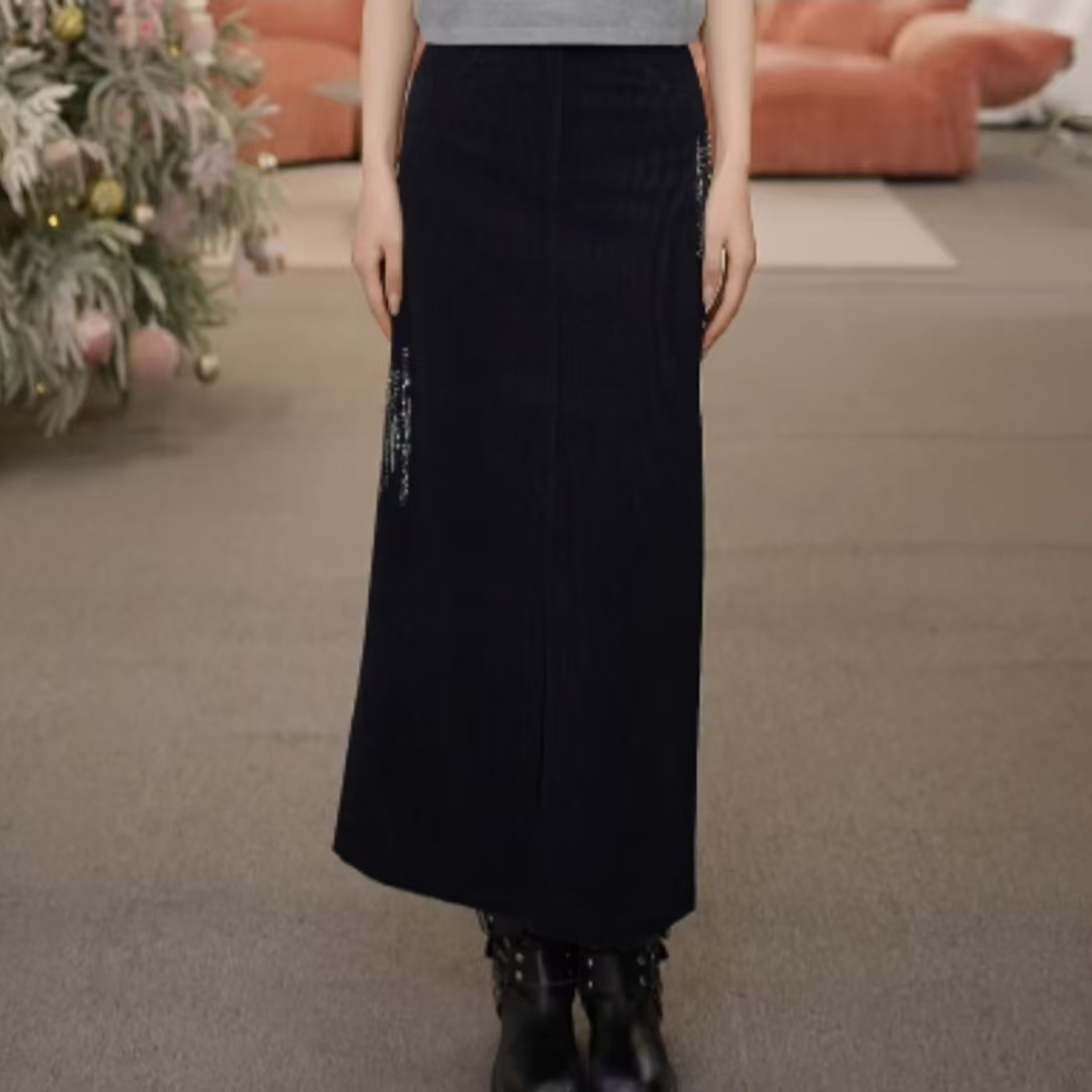 limil/丽米儿蓝色羊毛灯芯绒镶钻直筒前开叉半裙920009