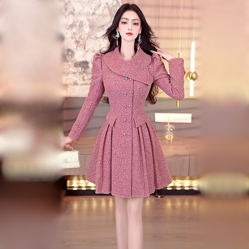 型色缤纷冬季收腰百褶裙摆大衣2025女士新款时尚性感收腰外套