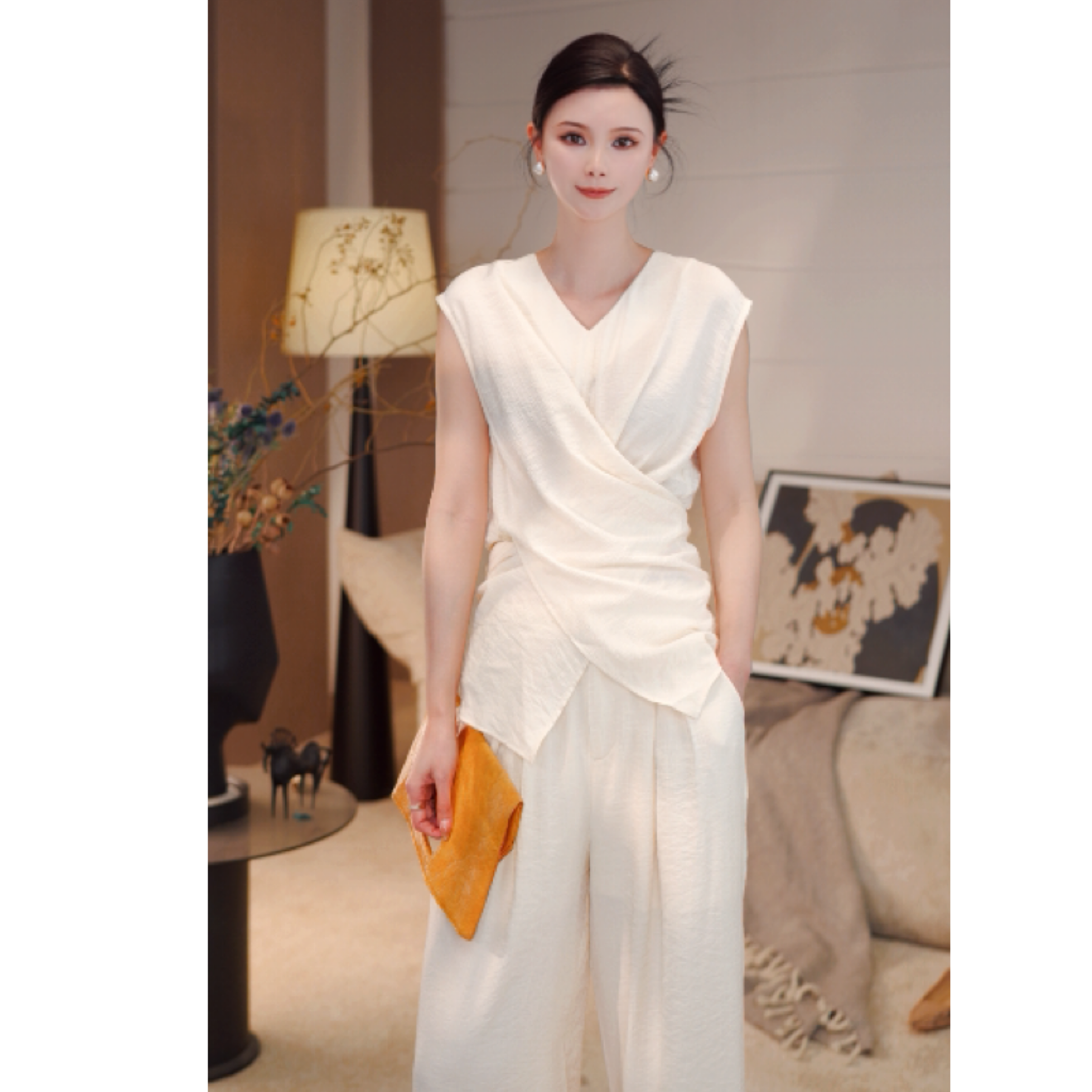 红人街头欧若风穿搭小众褶皱无袖收腰上衣+高腰宽松阔腿裤yn296