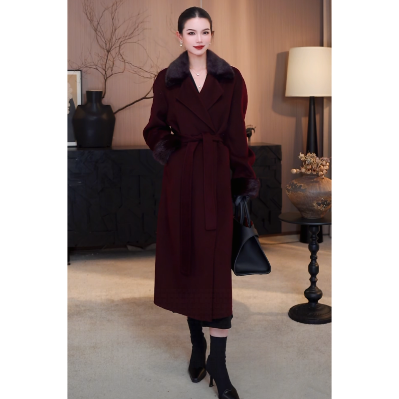 水貂毛领大袖宽松型纯色长款防水毛呢外套毛呢显瘦红色轻奢气质