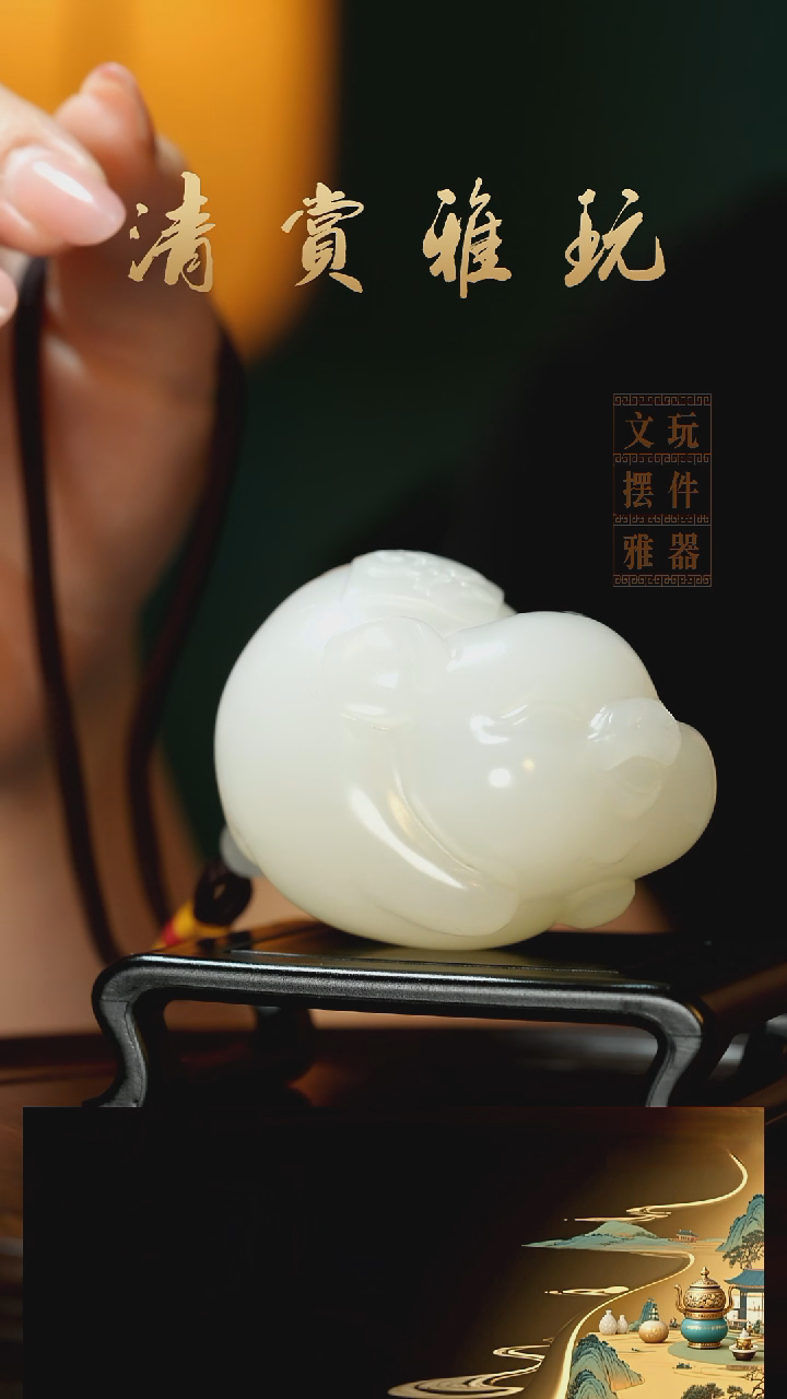 玉《纳福飞猪》手把件摆件