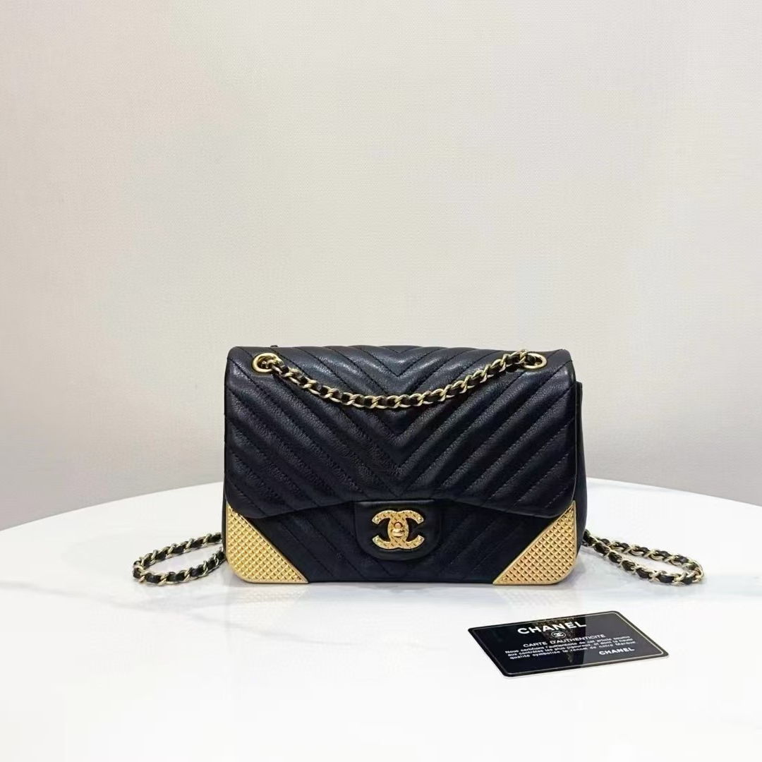 99新 Chanel/香奈儿 蔚蓝中古/黑金牛 宫廷款 CF 大miniV纹链条包