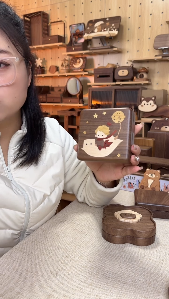 木北美黑胡桃单层小王子镶嵌首饰盒