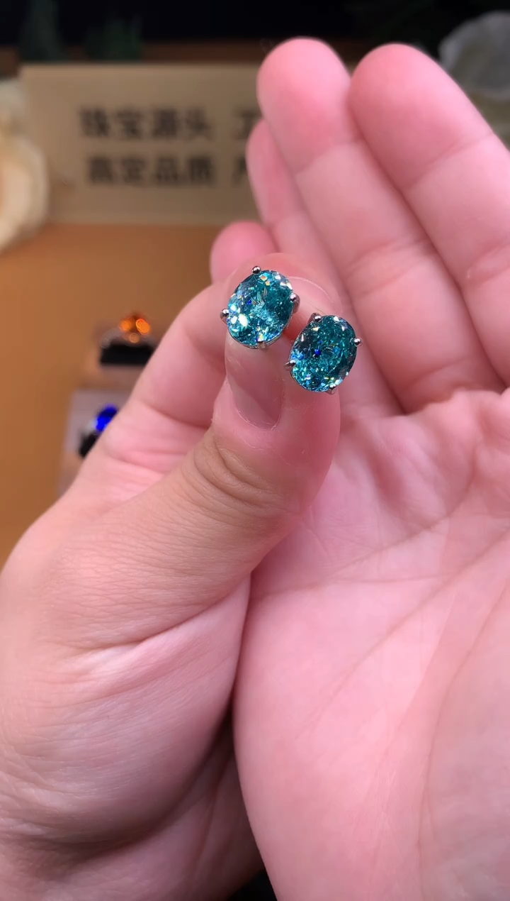 银S925镶嵌耳钉帕拉依巴碧玺5656
