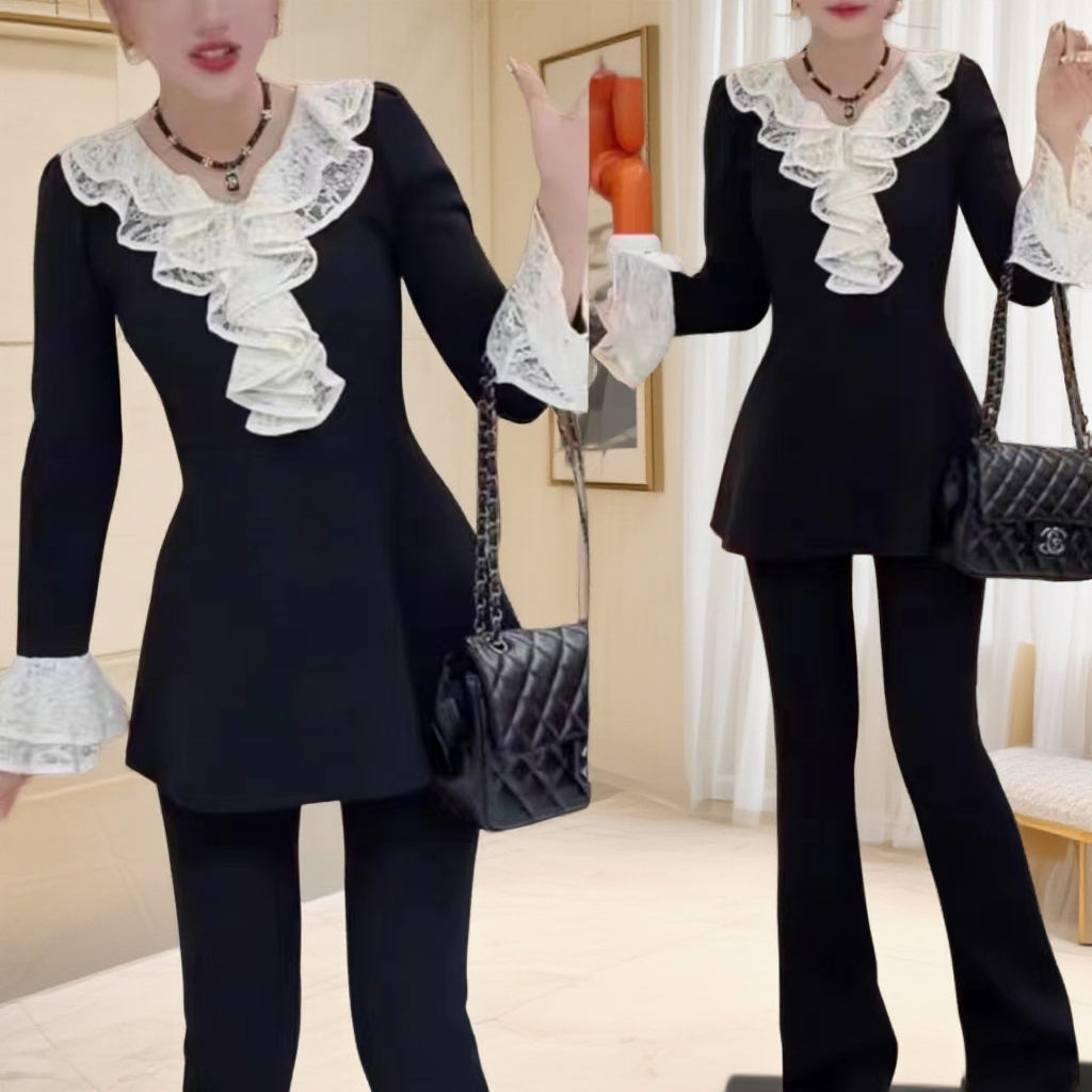 2025冬季新款欧货蕾丝荷叶领收腰显瘦上衣2199*