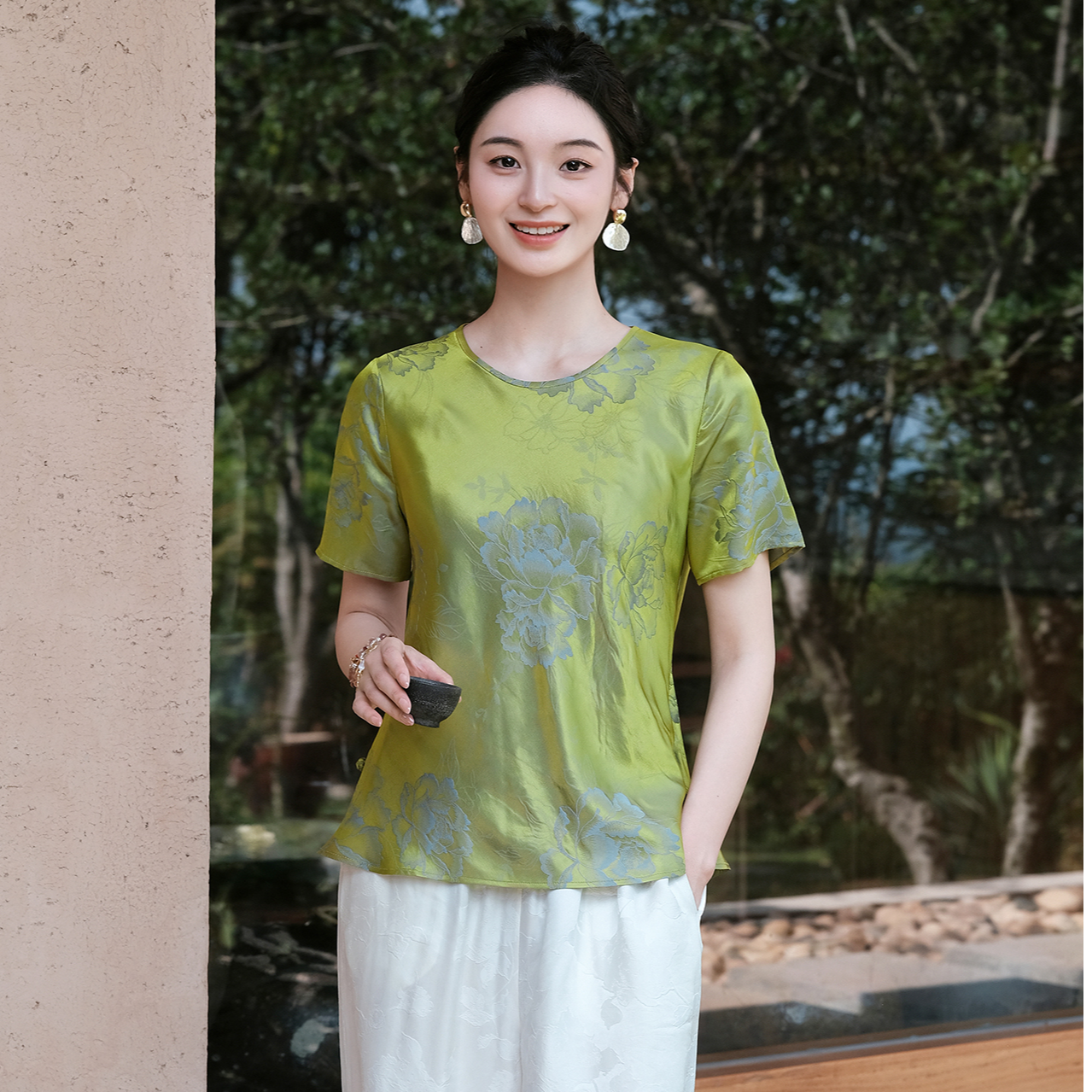 盛唐婧|桑蚕丝牡丹提花修身国风简约短袖——绿色