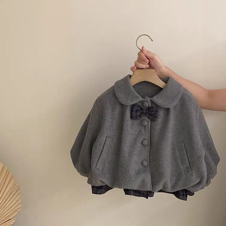 女童毛呢外套秋冬25新款儿童学院风夹棉蝴蝶领结拼接格子甜美大衣