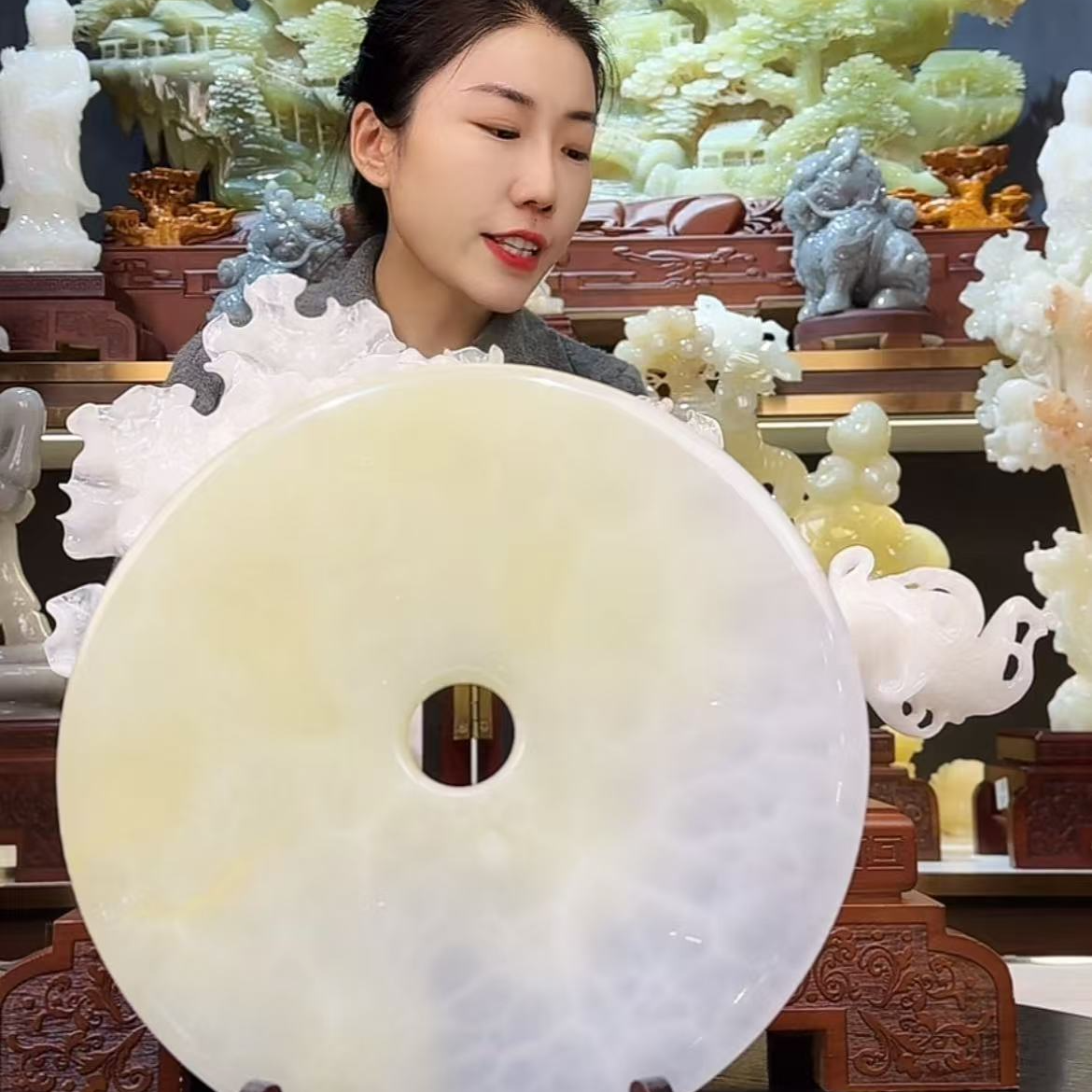 【26公分白冰玉平安扣】天然玉石中式家居乔迁玄关平安扣手工摆件