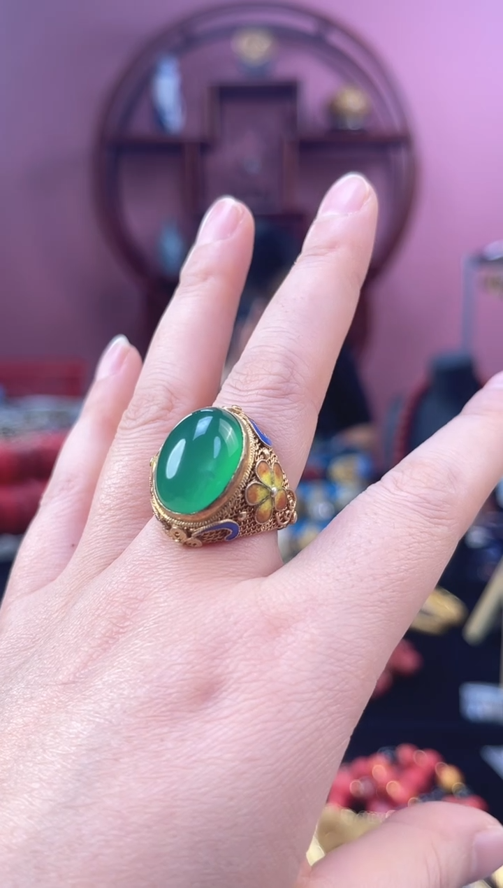 非遗 花丝镶嵌戒指 绿色 镀金