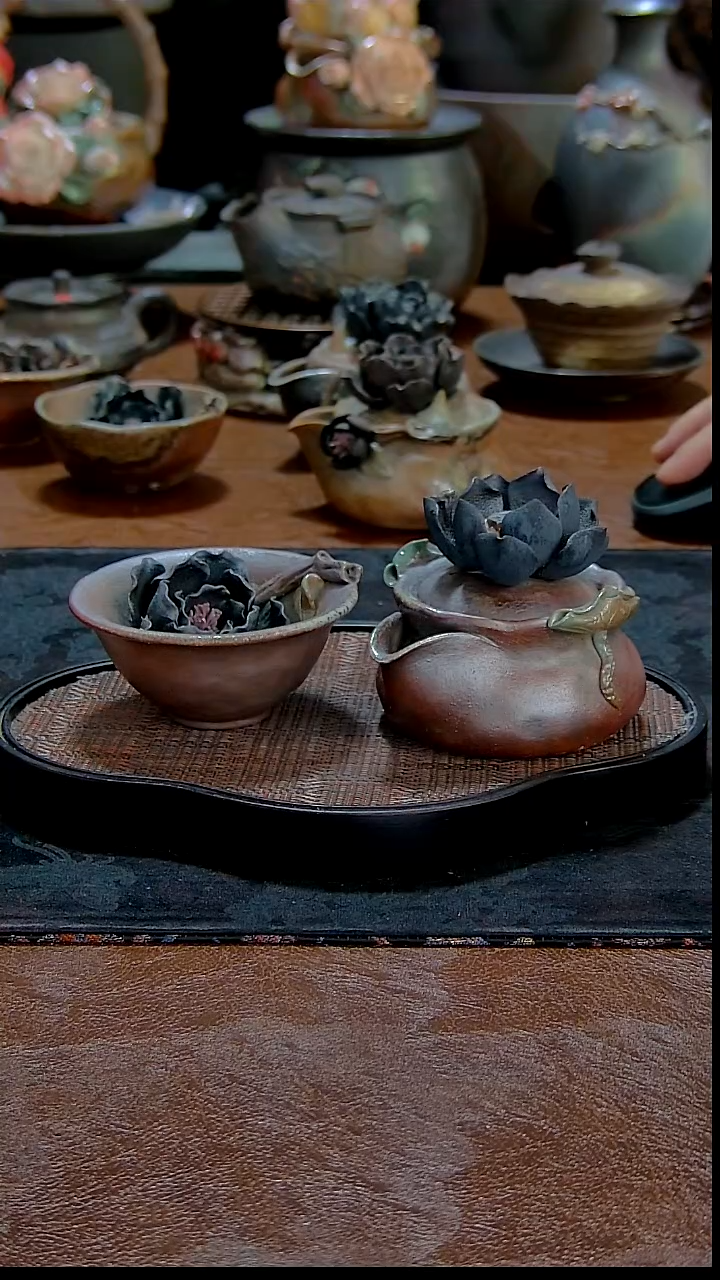 浅**心捡漏套装墨莲宝瓶牡丹杯子