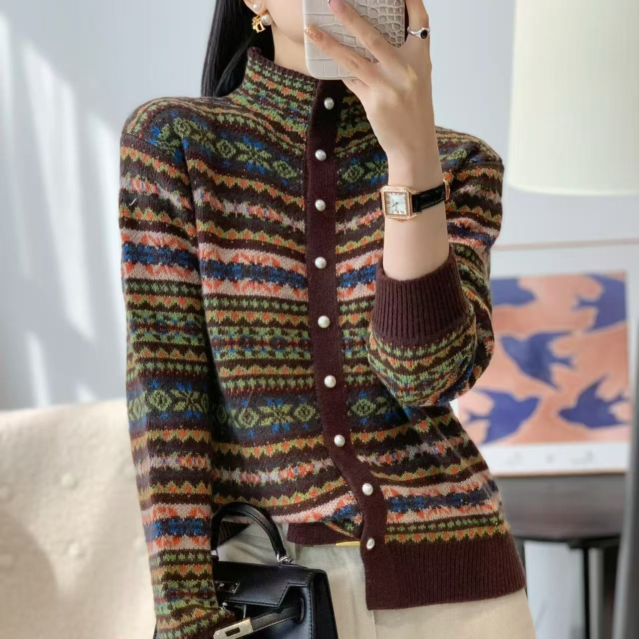 法式高端费尔岛复古提花2025冬季加厚保暖针织开衫女装上衣外套CT