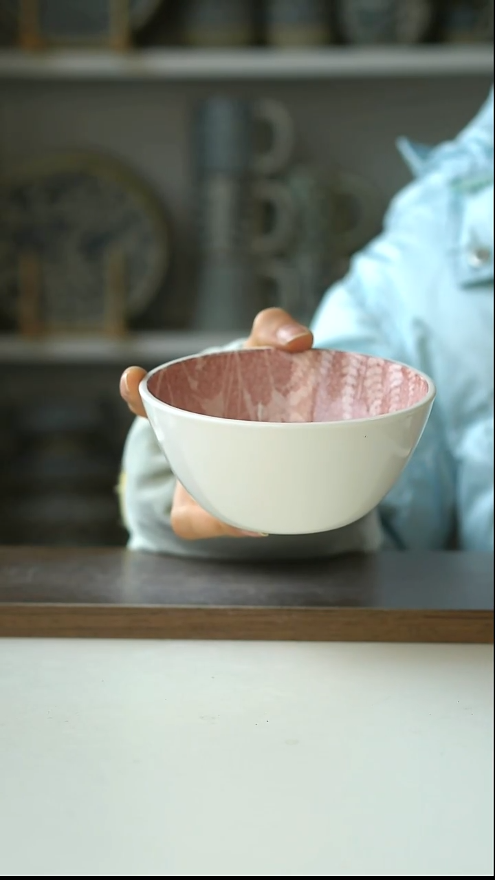 陶粉雾蕨影米饭碗12cm@4-2@微瑕