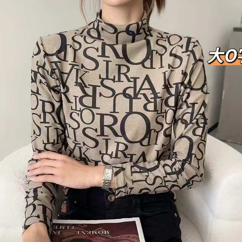 新款时尚春秋洋气网红女士德绒半高领长袖印花套头打底衫百搭