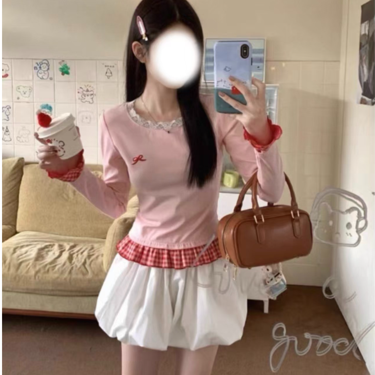 胖鹅张~纯欲少女蕾丝拼接格纹撞色假两件上衣#0080