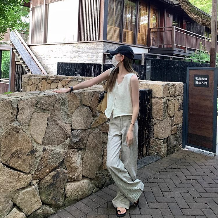 T1671  奶油小生 夏季亚麻棉V领针织开衫无袖背心女薄款