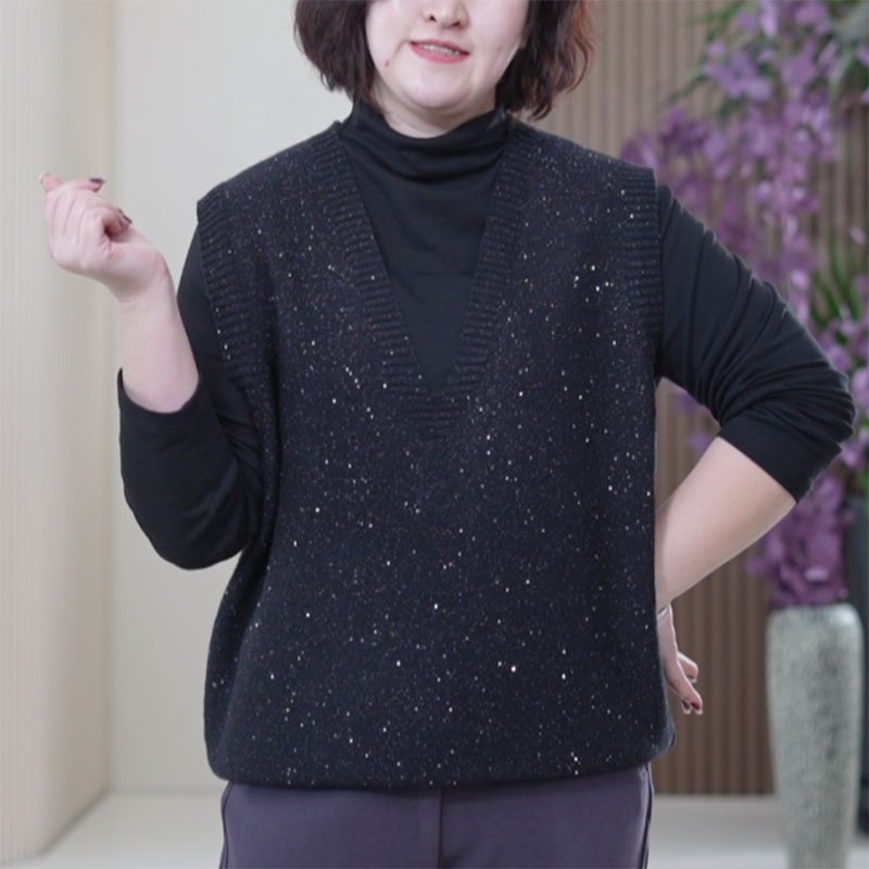 【两件套】亮片星空针织马甲+半高领打底衫大码秋冬新款时尚套装女