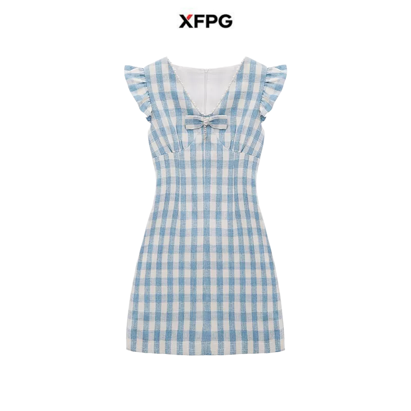 【清】XFPG格子甜美连衣裙复古撞色裙蓝色修身沙丘废土风-8231