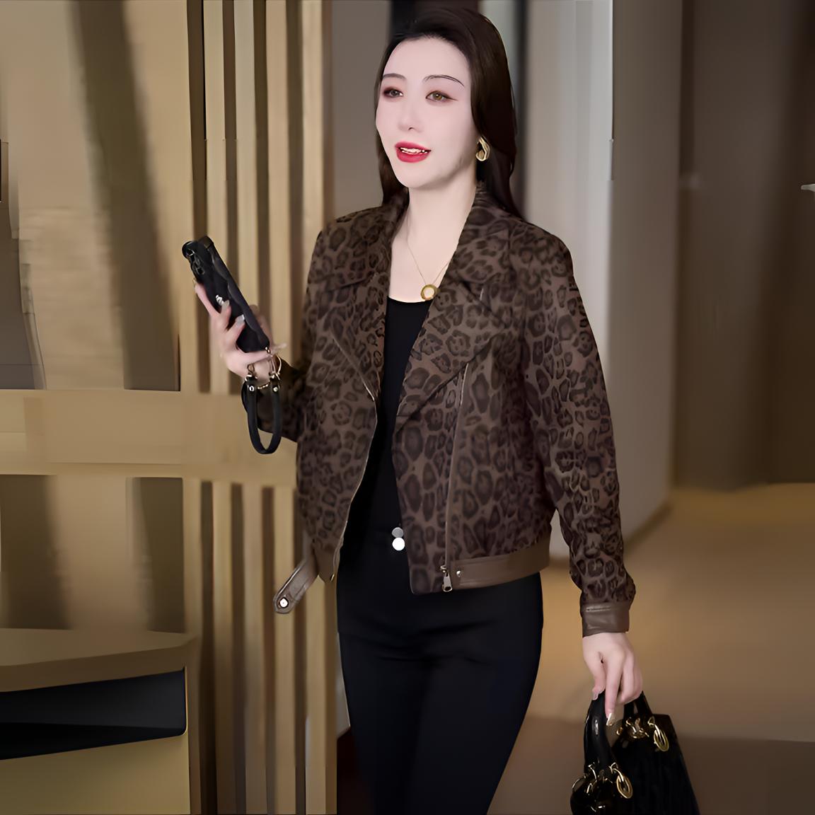 豹纹网红修身秋季拉链长袖短外套短款小香风时尚气质上衣外套女装