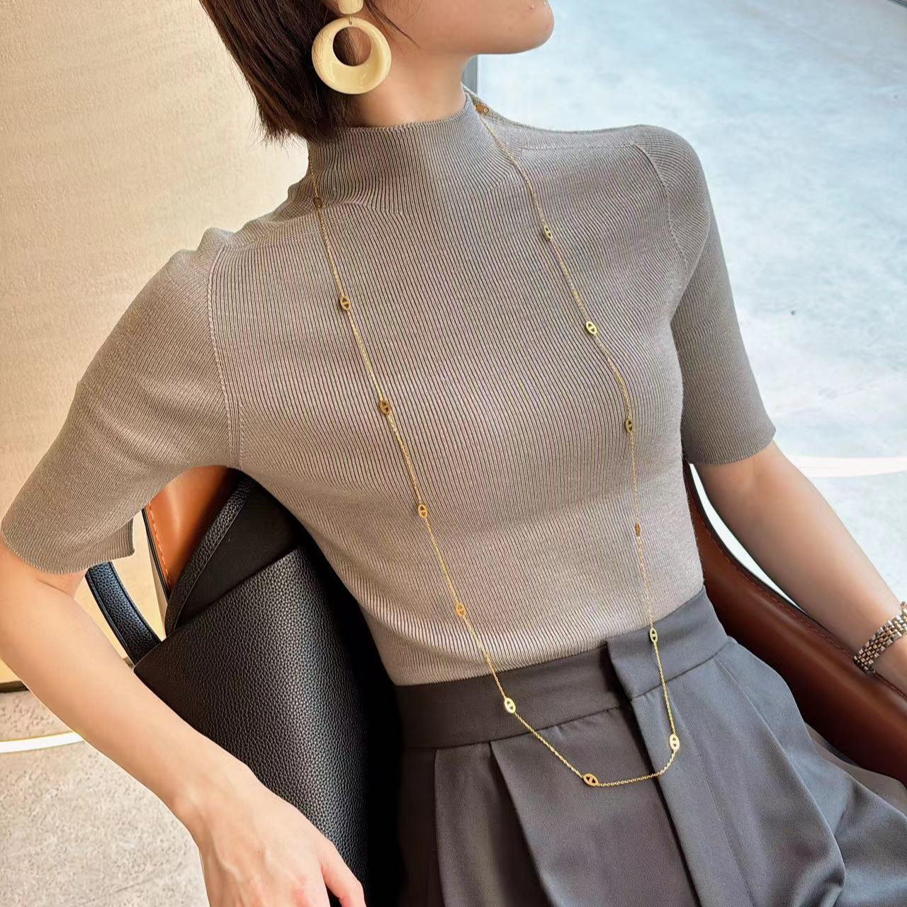 045软糯羊毛半高领秋季百搭精致半袖针织衫内搭打底上衣